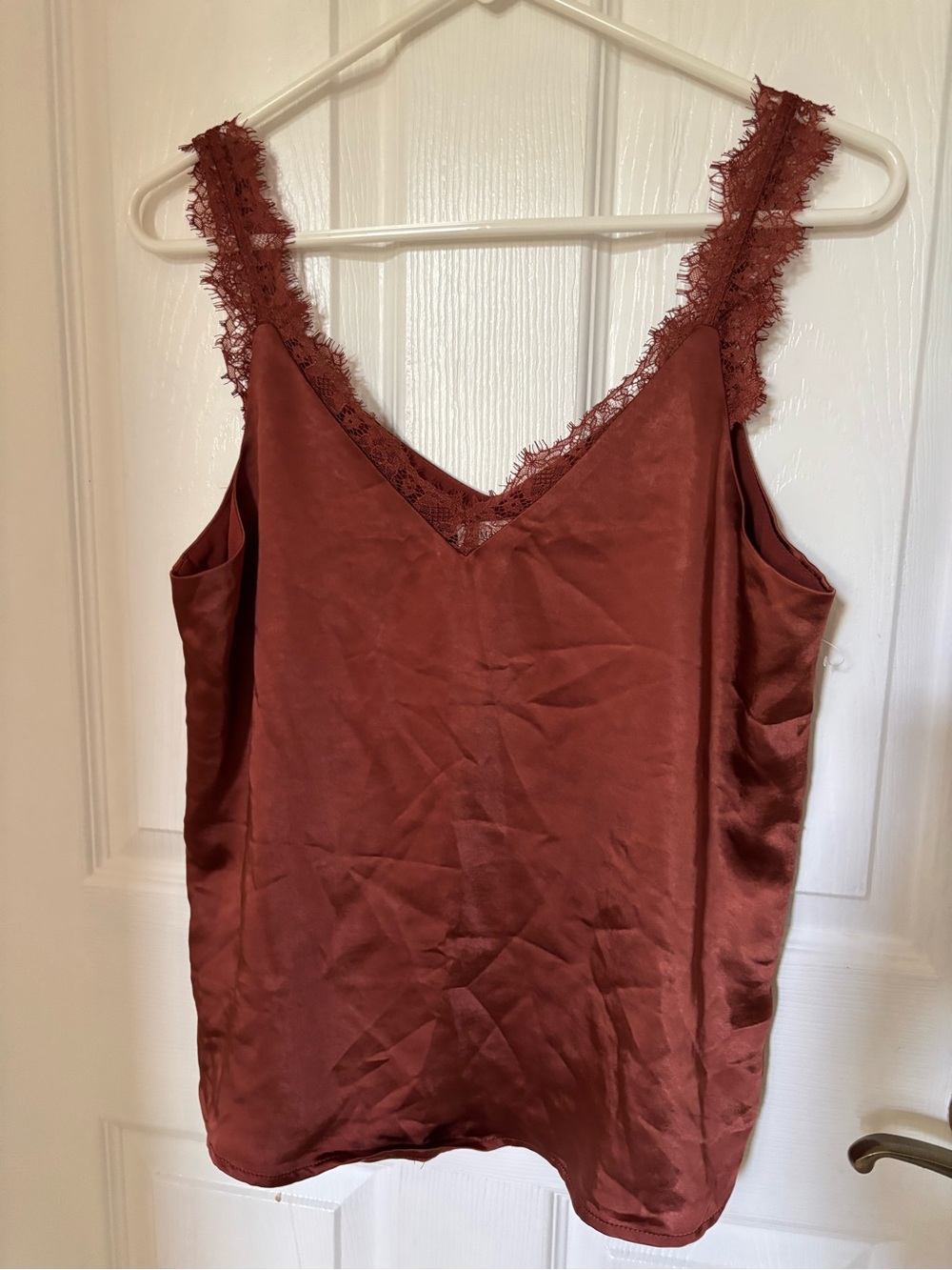 Lace-Trim Satin Cami Tank Top - Rust Brown